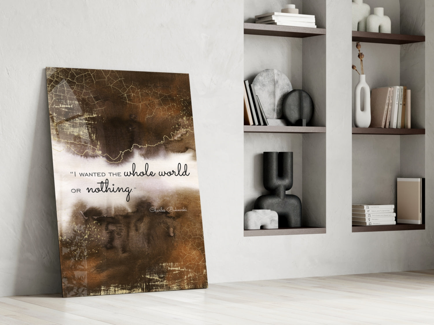 Bronze Cracked Ink Whole World Quote Glass Wall Art