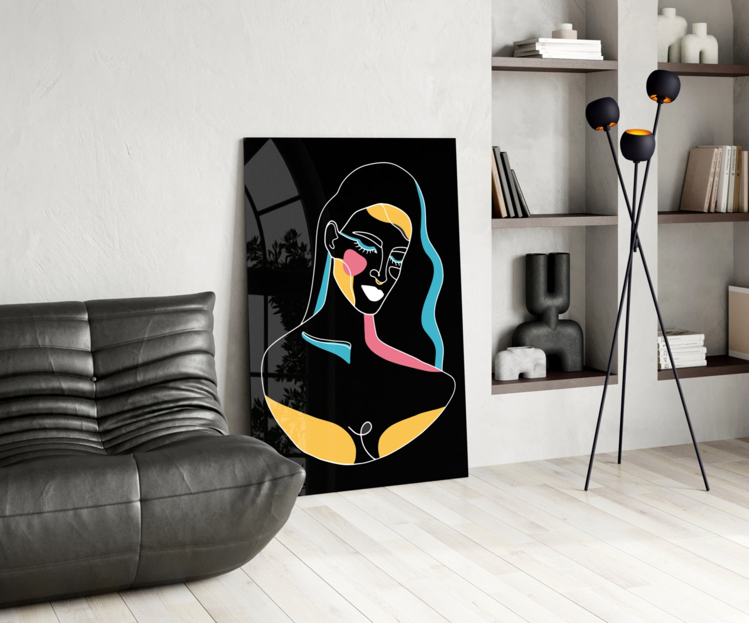 Blue Wavy Hair Line Art Glass Wall Art