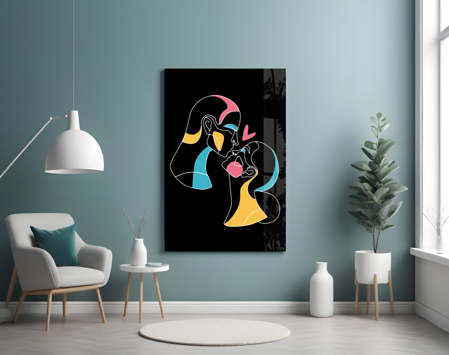Kissing Couple Line Art Glass Wall Art