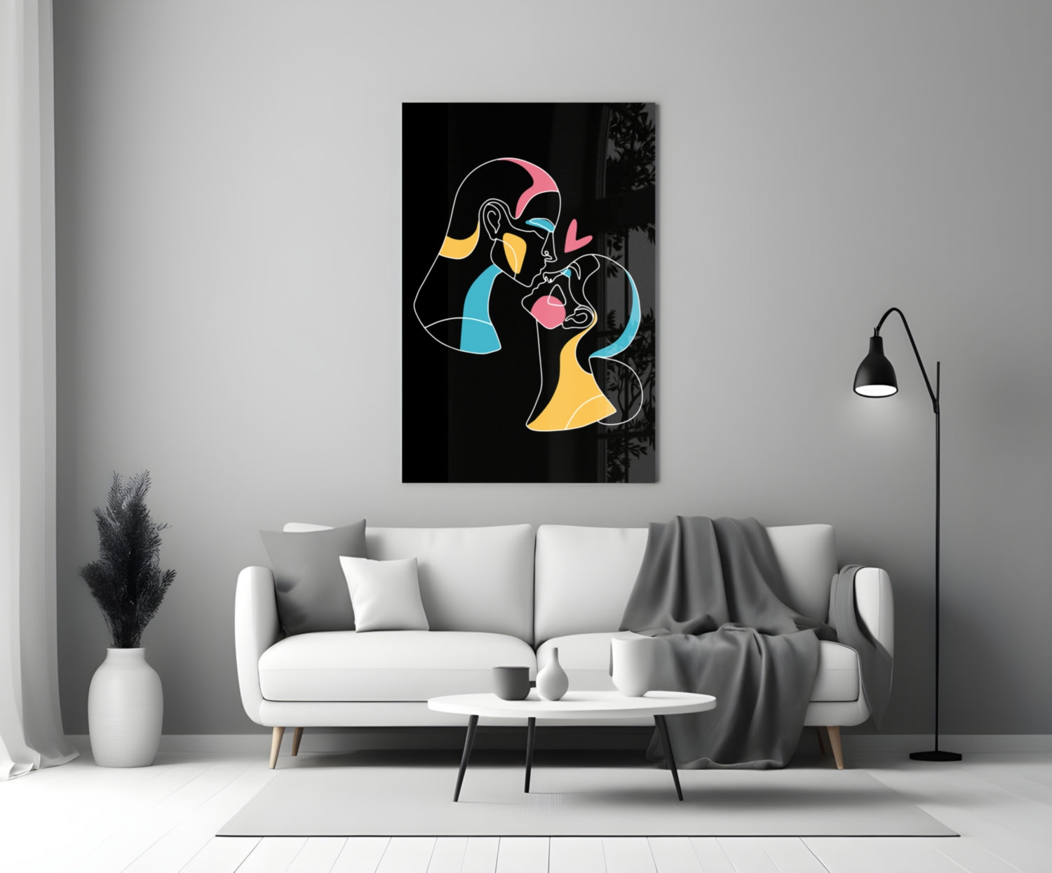Kissing Couple Line Art Glass Wall Art