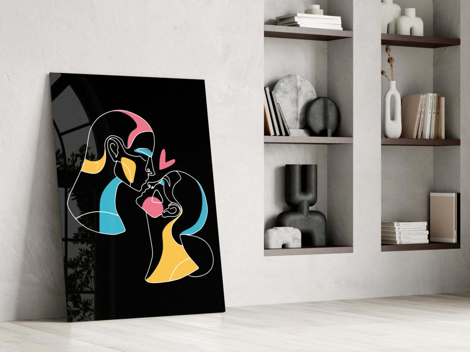 Kissing Couple Line Art Glass Wall Art