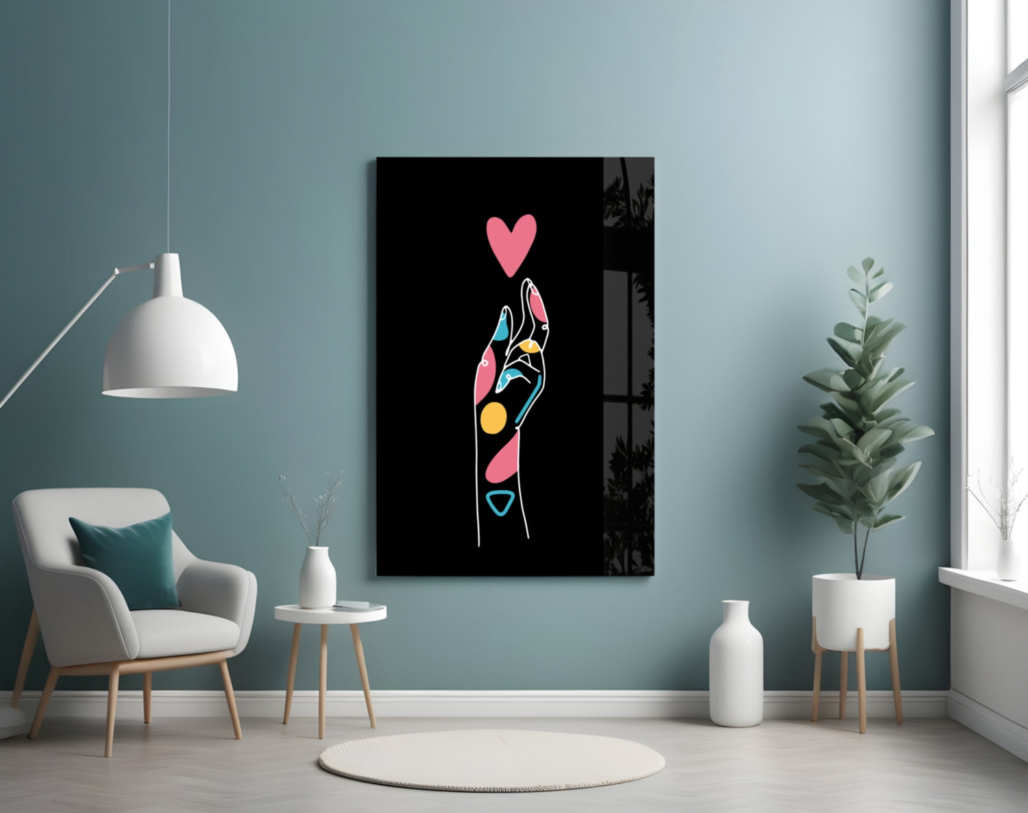 Pink Heart Reaching Line Art Hand Glass Wall Art
