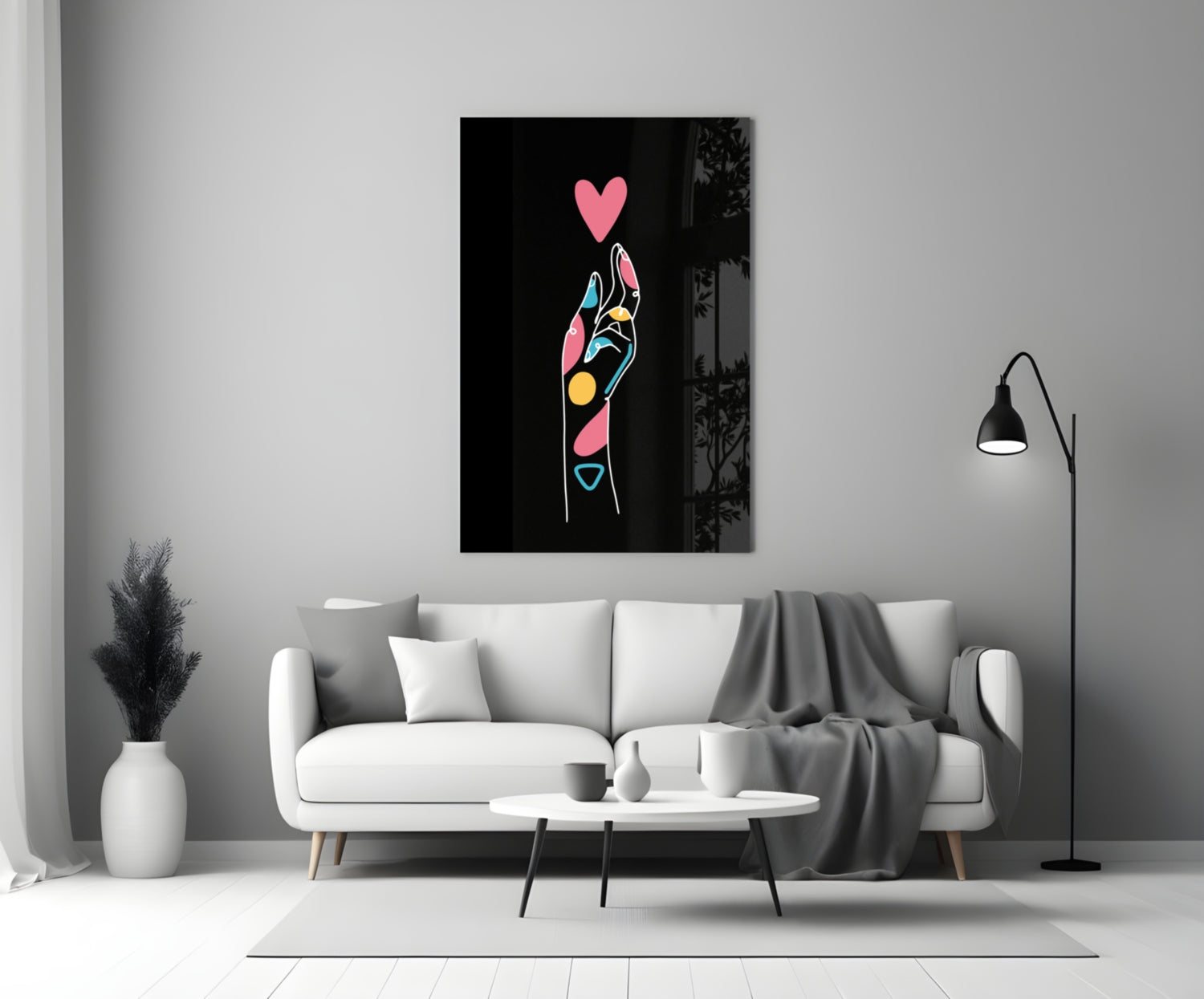 Pink Heart Reaching Line Art Hand Glass Wall Art