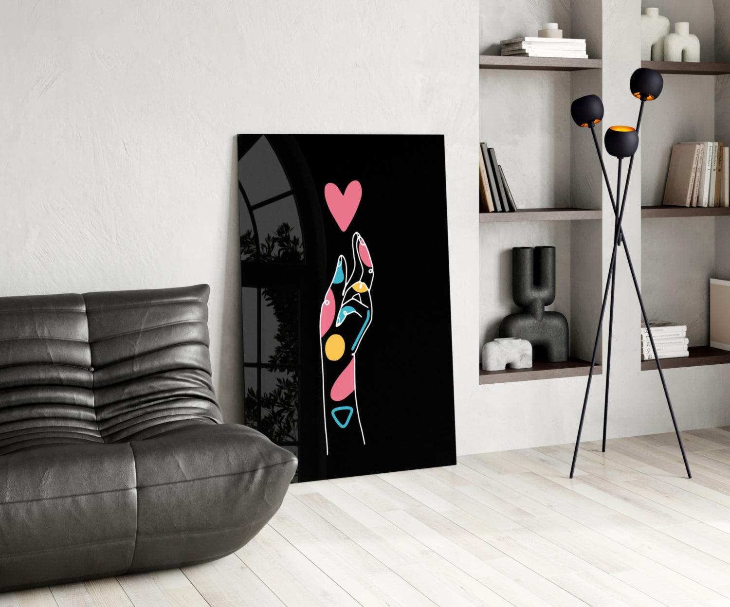 Pink Heart Reaching Line Art Hand Glass Wall Art