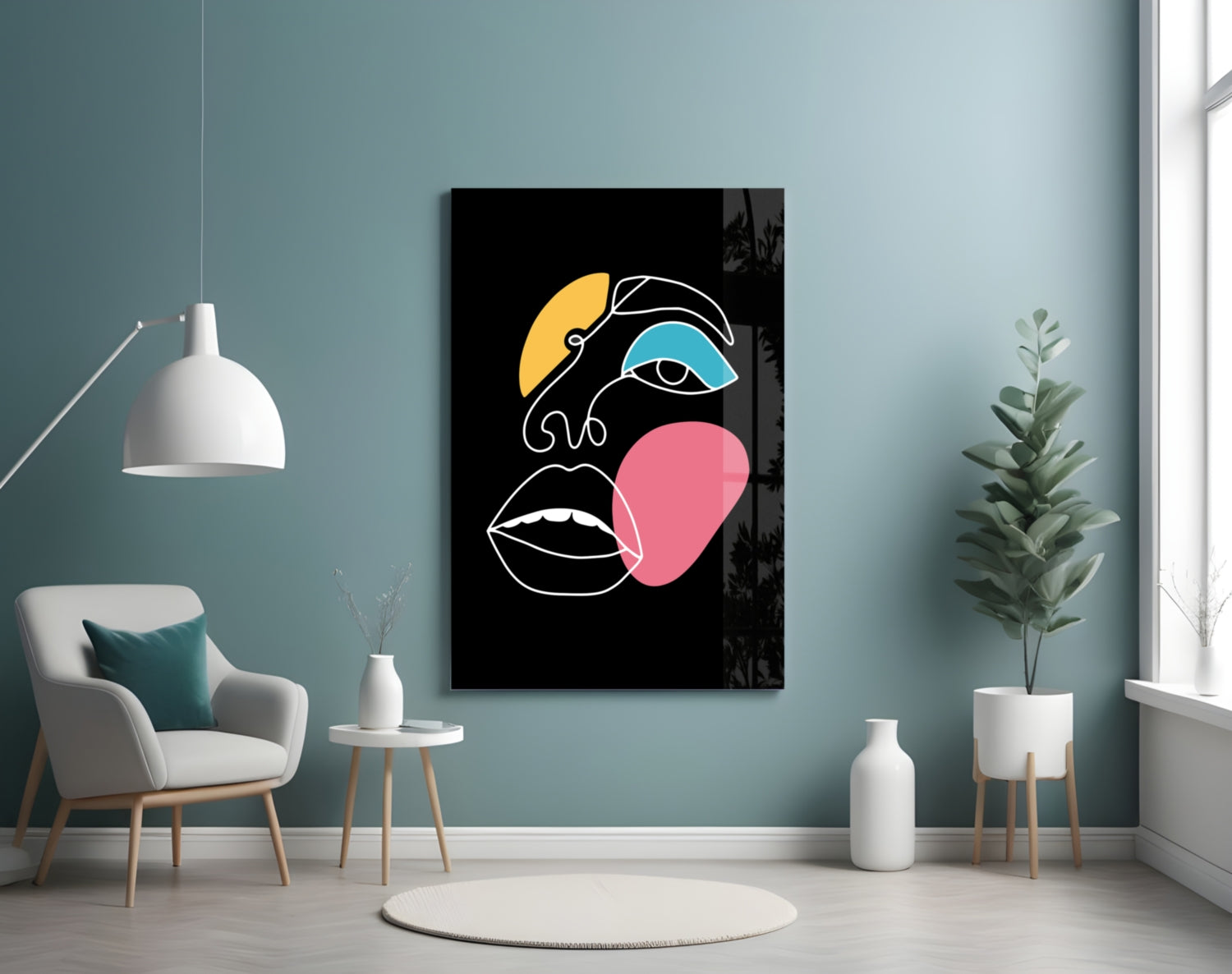 Teal Eye Open Mouth Line Art Face Glass Wall Art