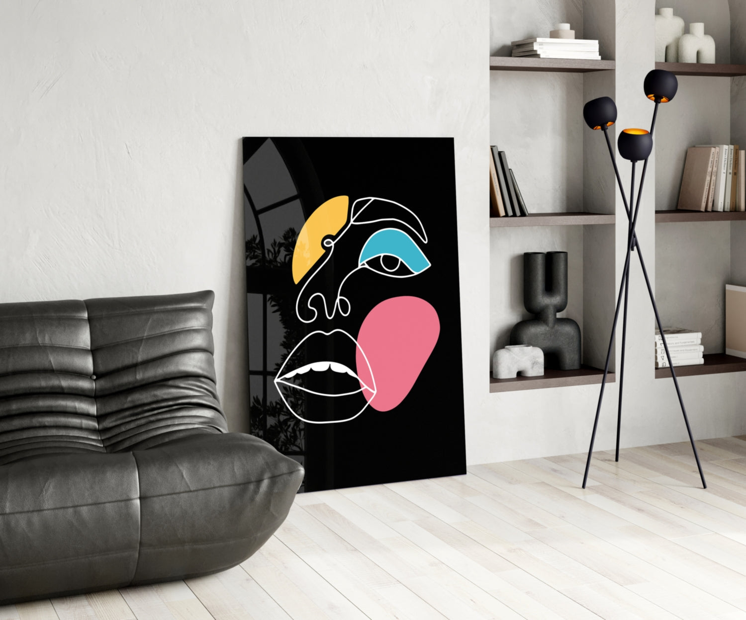 Teal Eye Open Mouth Line Art Face Glass Wall Art