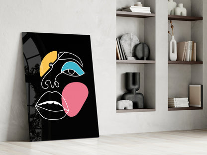 Teal Eye Open Mouth Line Art Face Glass Wall Art
