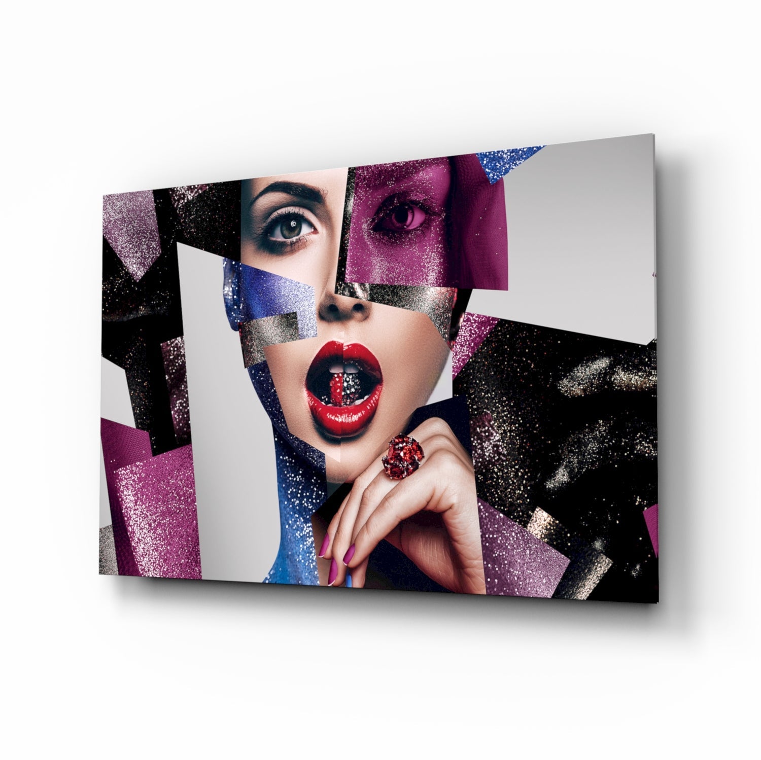 Glitter Collage Red Lips Glass Wall Art