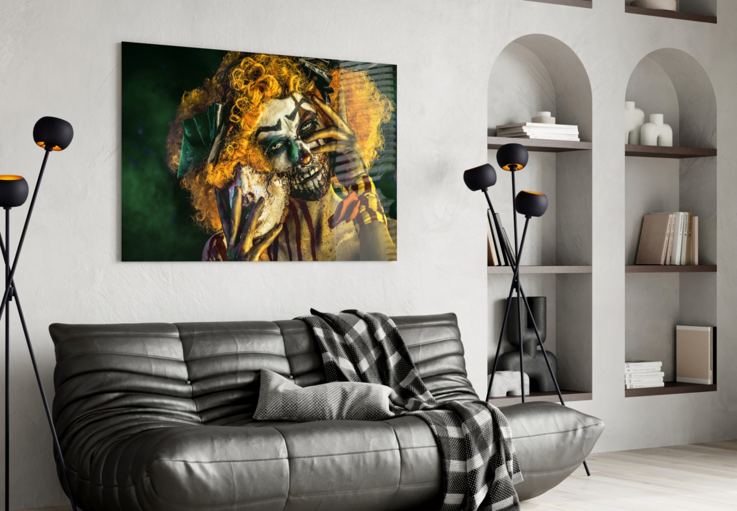 Yellow Curls Skull Face Jester Glass Wall Art