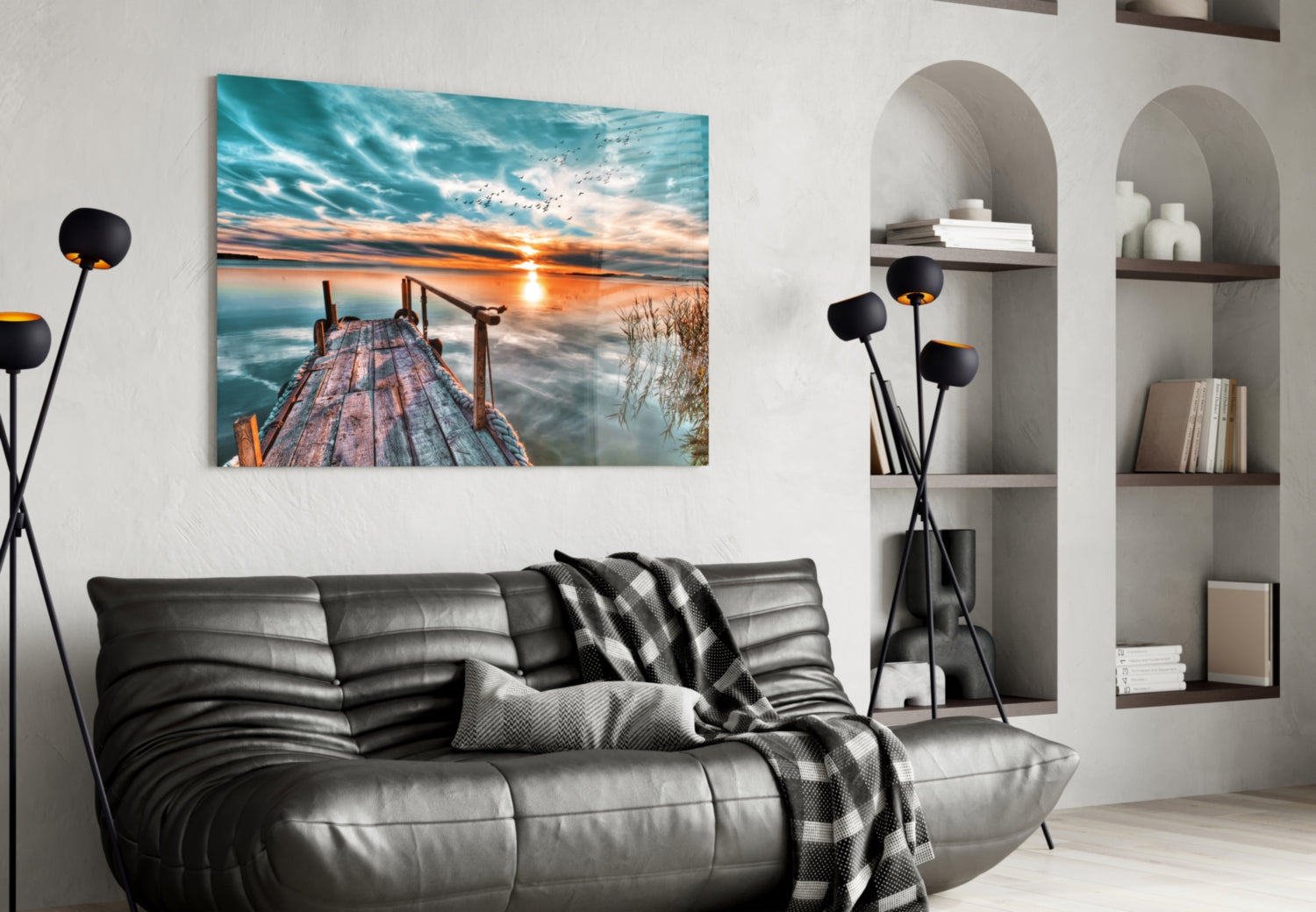Teal Sky Jetty Sunset Glass Wall Art