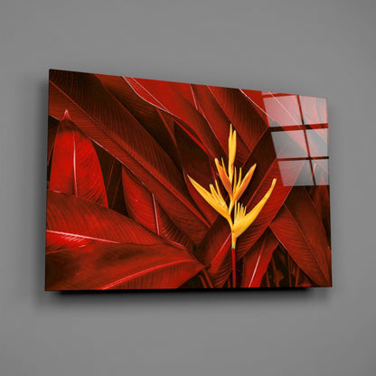 Golden Bloom Dark Red Foliage Glass Wall Art