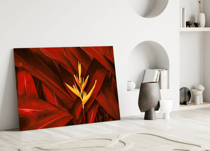 Golden Bloom Dark Red Foliage Glass Wall Art