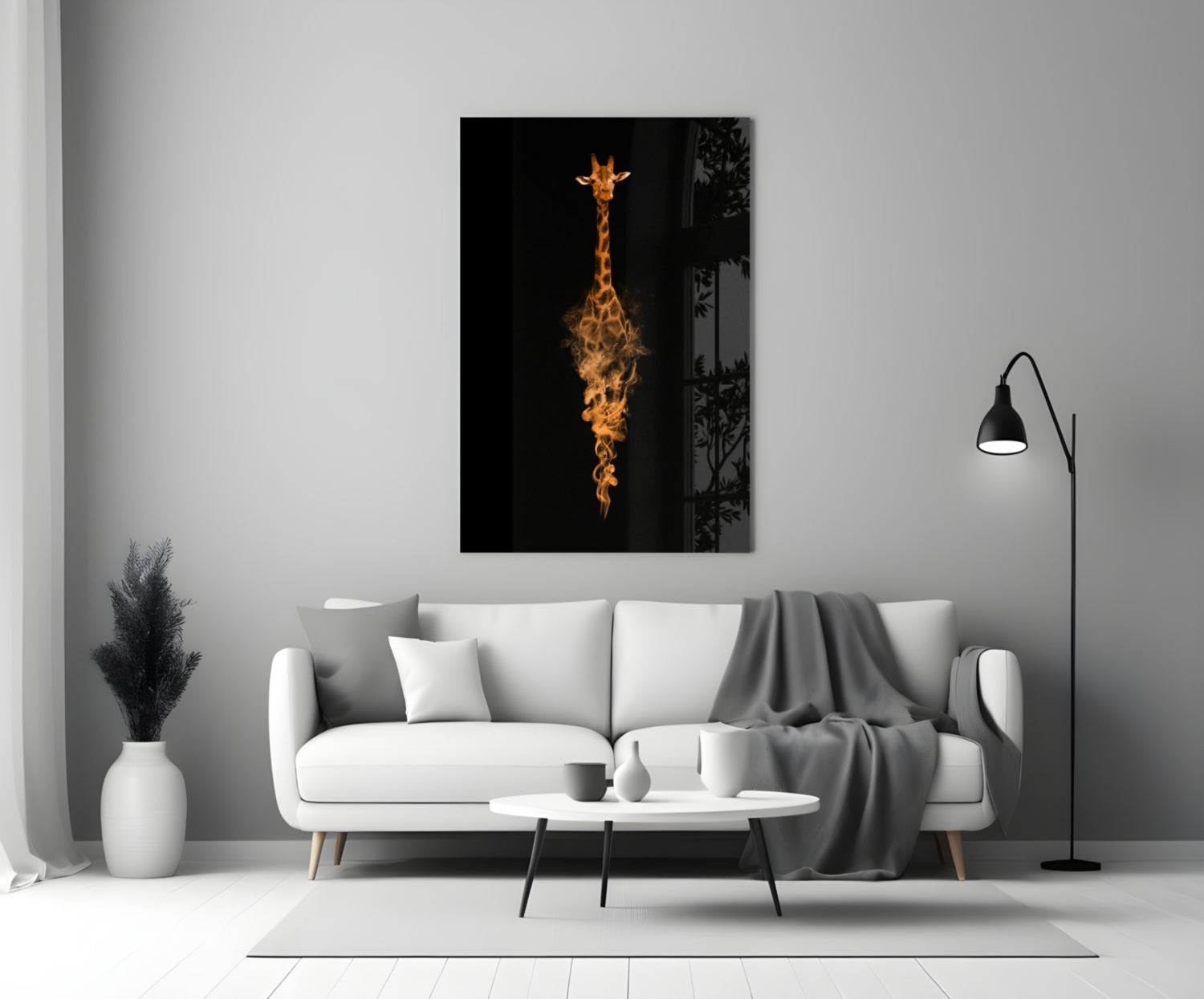 Orange Smoke Giraffe Black Glass Wall Art