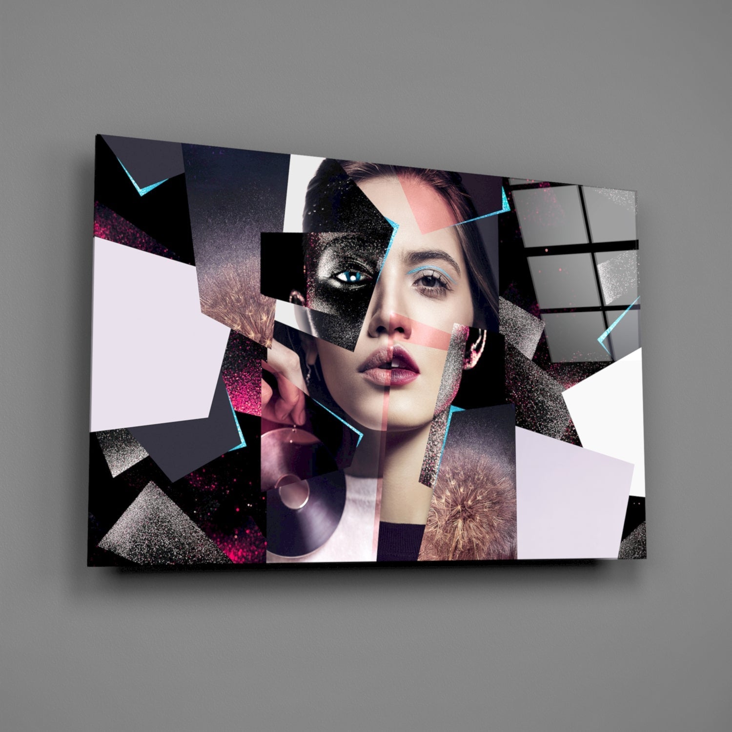 Pink Glitter Shard Collage Woman Face Glass Wall Art