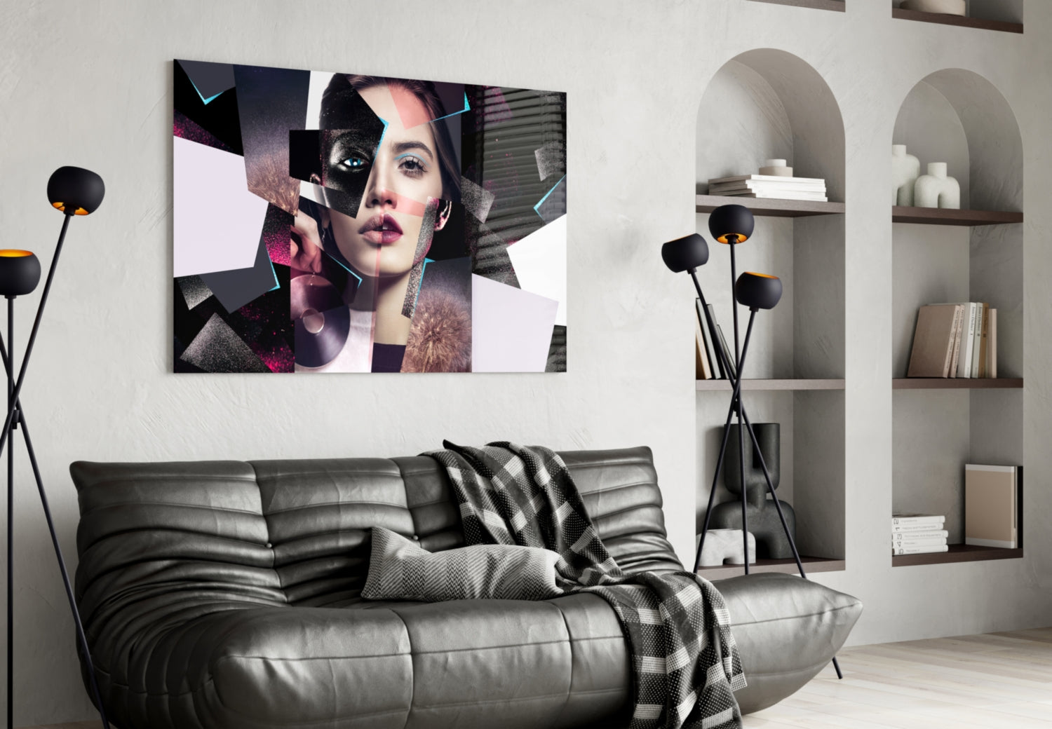 Pink Glitter Shard Collage Woman Face Glass Wall Art