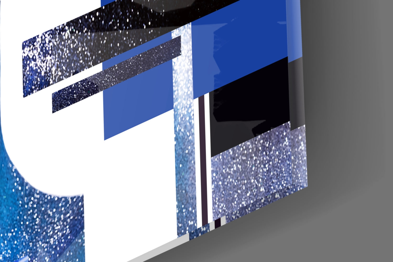 Blue and Silver Geometric Blocks Woman Glass Wall Art