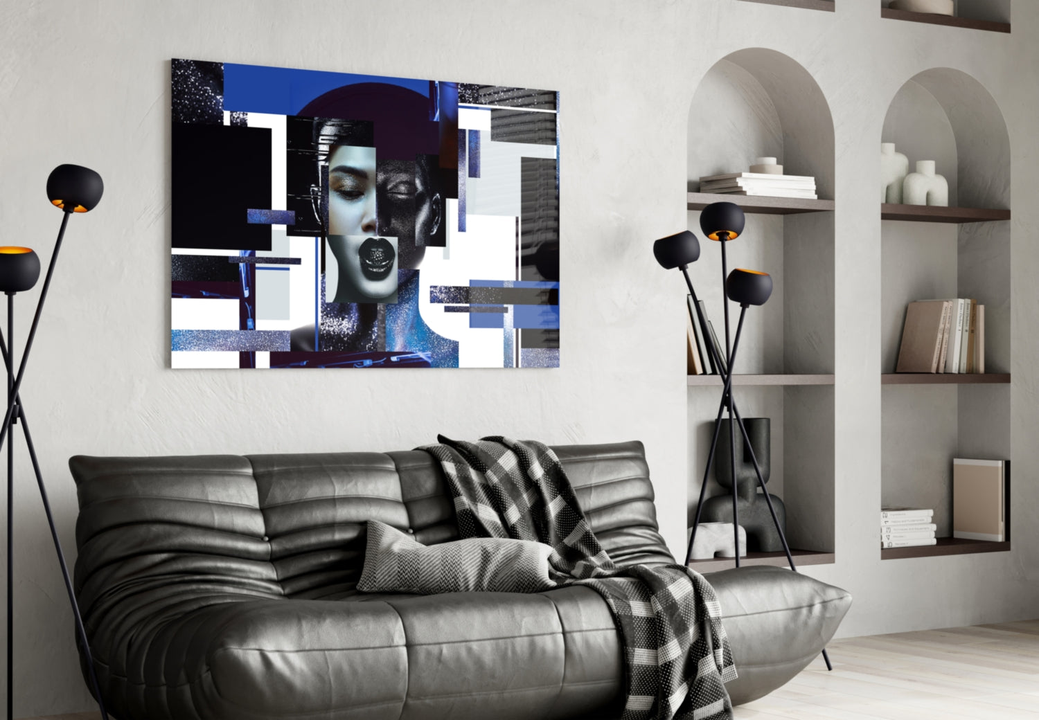 Blue and Silver Geometric Blocks Woman Glass Wall Art