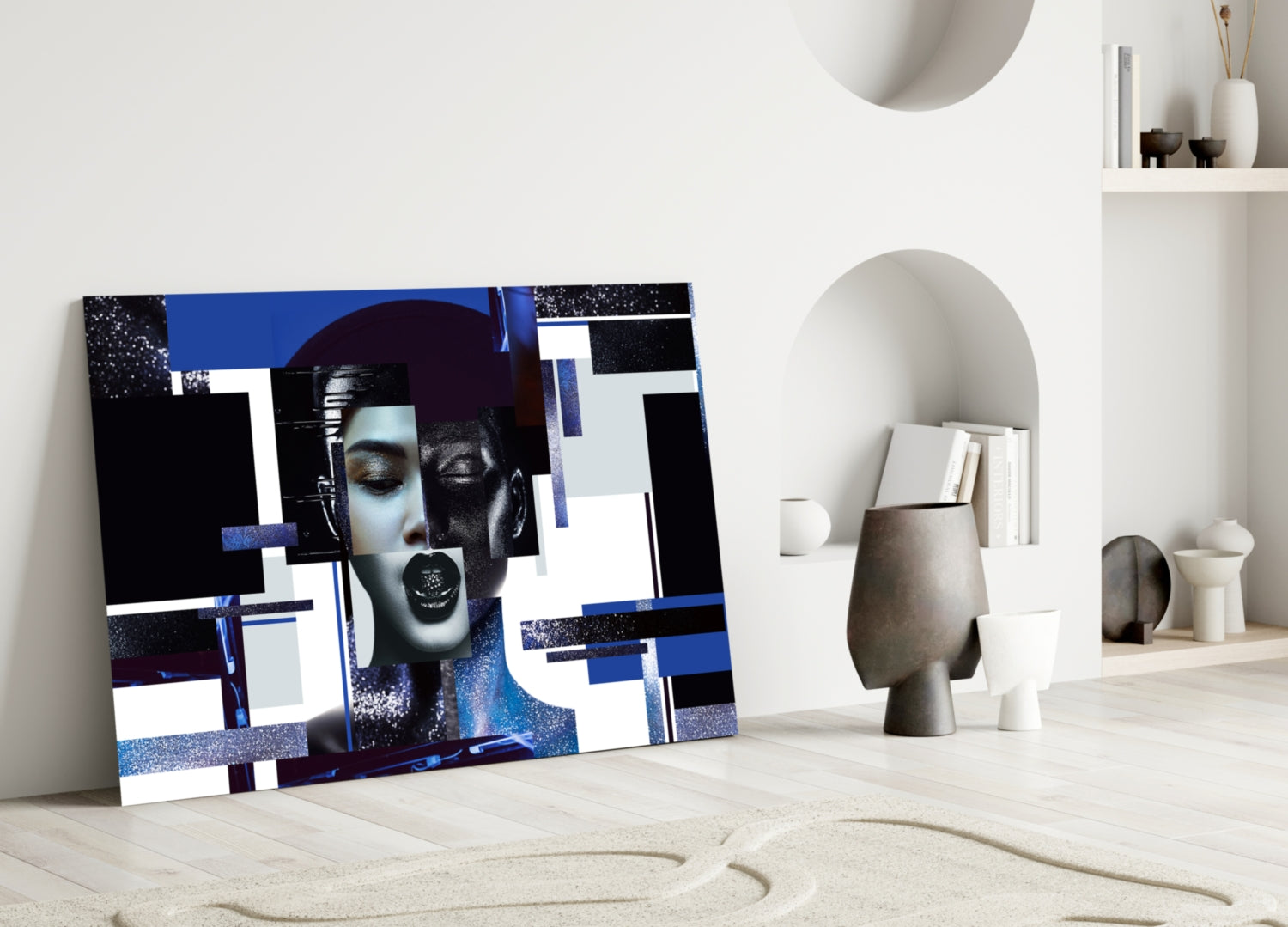 Blue and Silver Geometric Blocks Woman Glass Wall Art