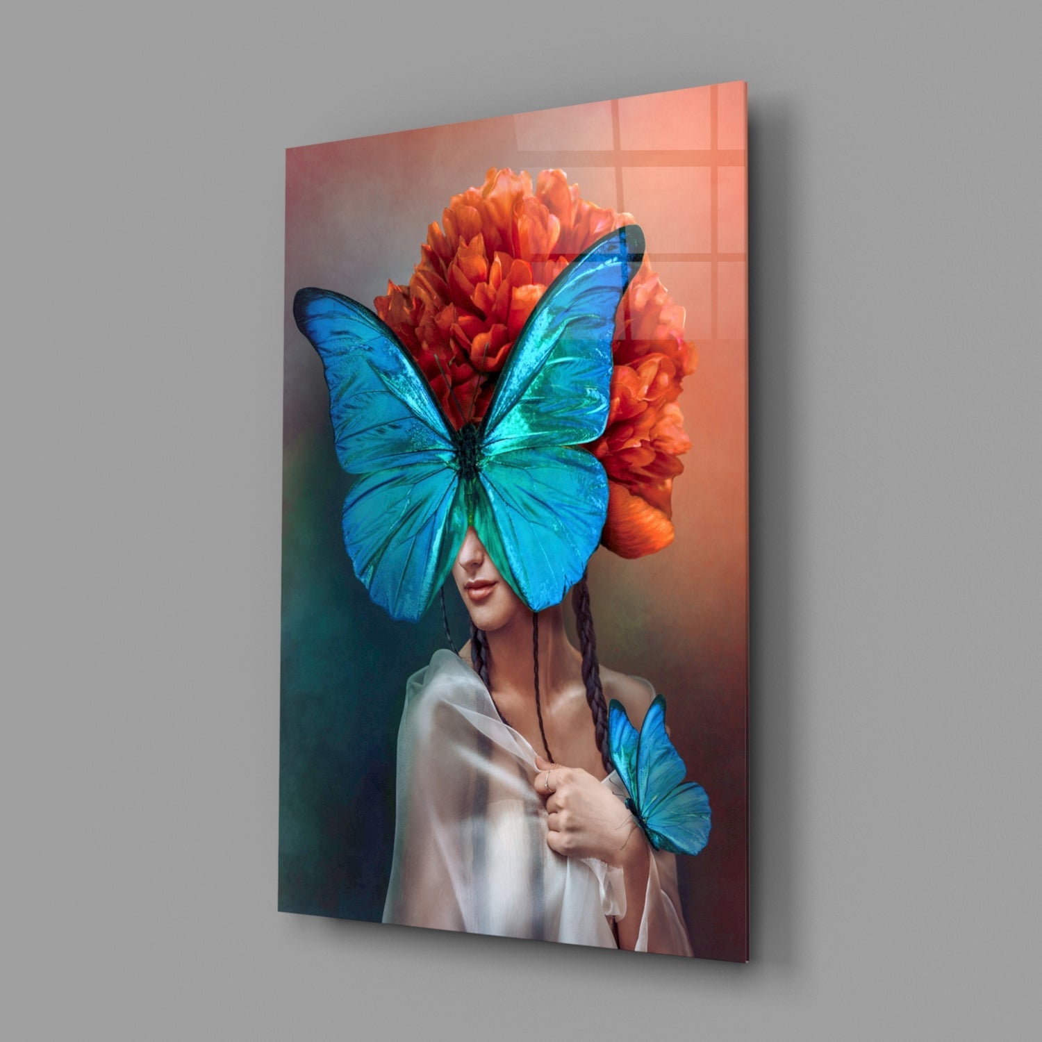 Blue Butterfly Mask Orange Peony Glass Wall Art
