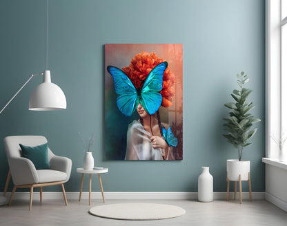 Blue Butterfly Mask Orange Peony Glass Wall Art