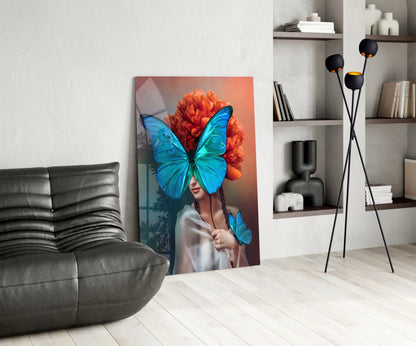 Blue Butterfly Mask Orange Peony Glass Wall Art