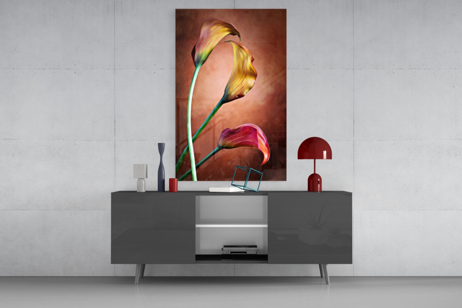 Golden Calla Lily Stems Glass Wall Art