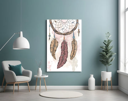 Three Feather Boho Dreamcatcher Glass Wall Art