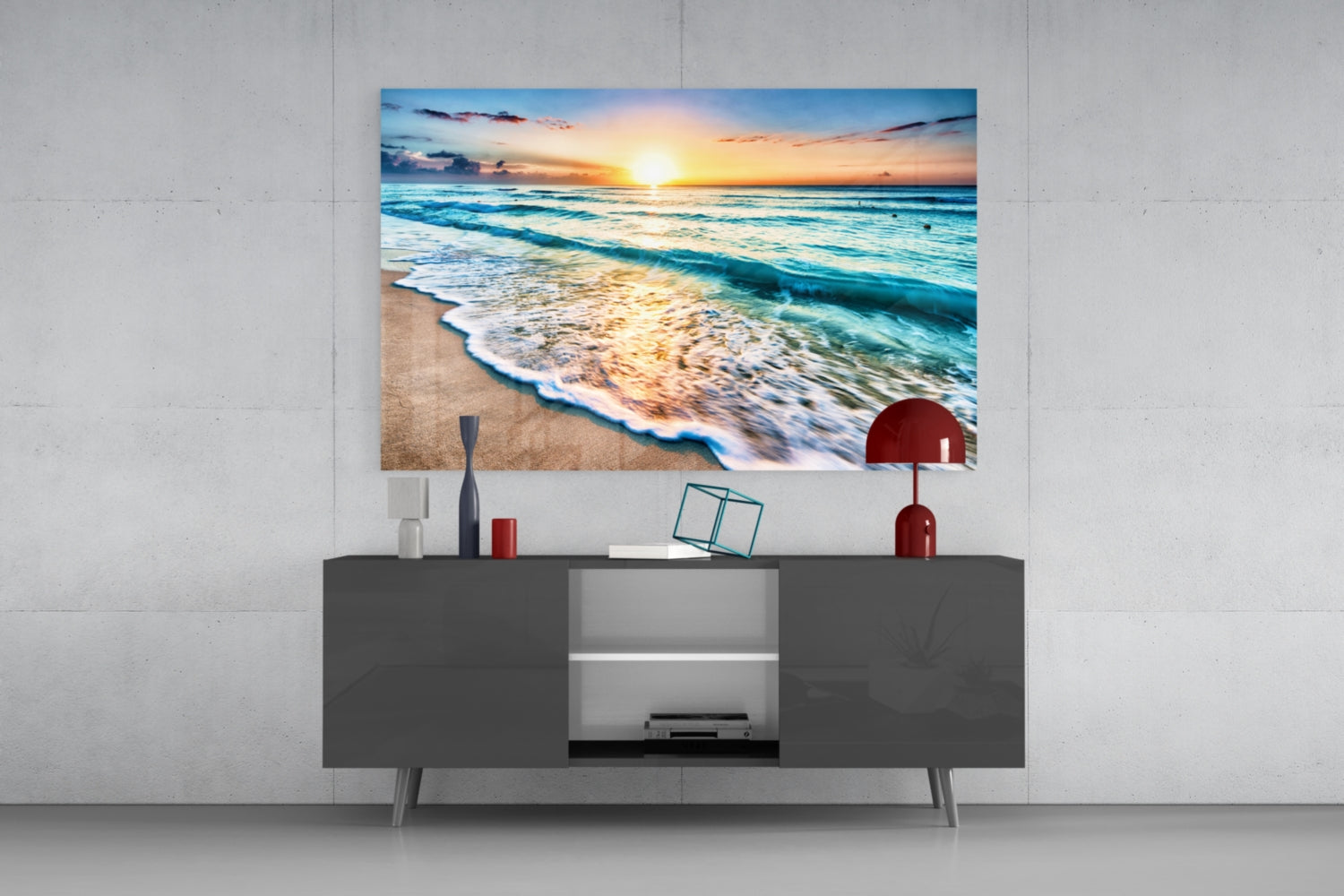 Turquoise Beach Waves Sunset Glass Wall Art