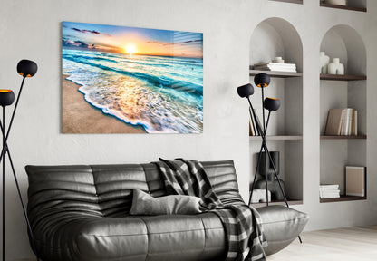 Turquoise Beach Waves Sunset Glass Wall Art