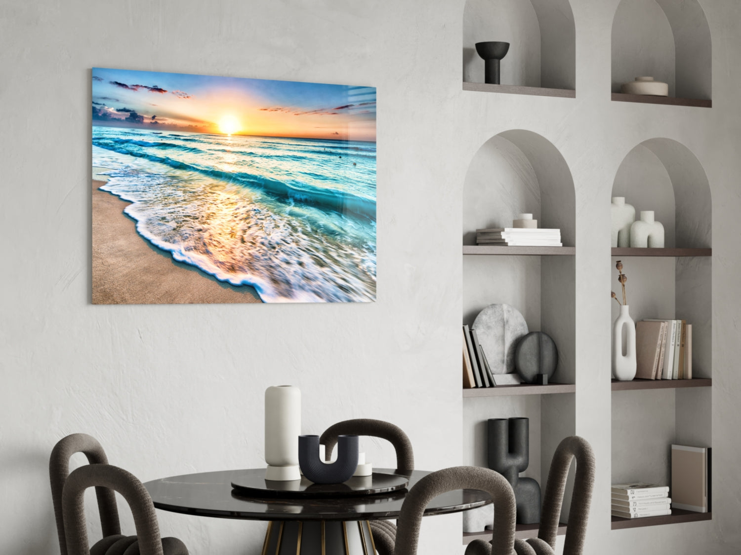 Turquoise Beach Waves Sunset Glass Wall Art