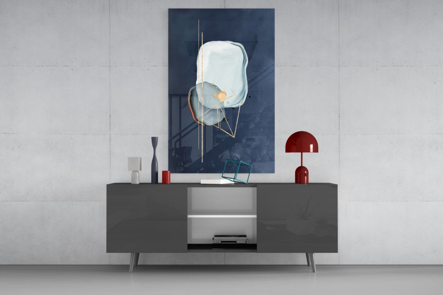 Gold Line Geometry On Navy Blue Glass Wall Art