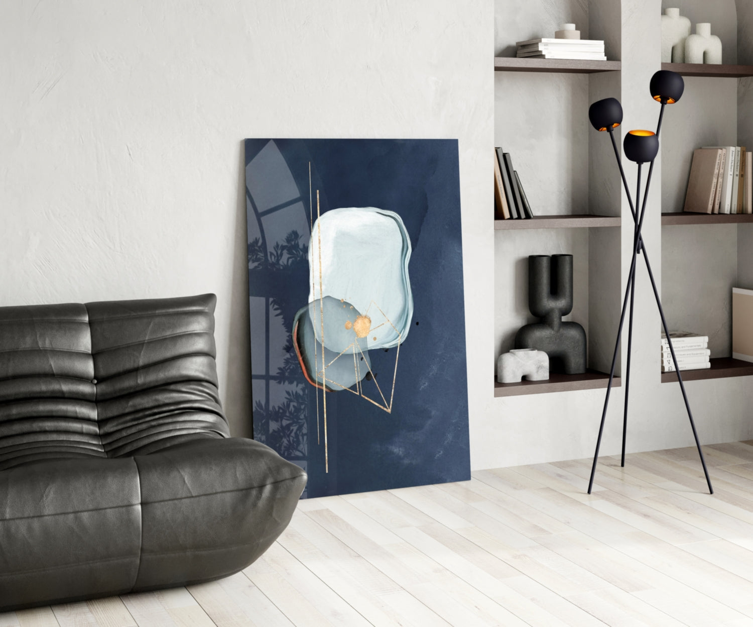 Gold Line Geometry On Navy Blue Glass Wall Art