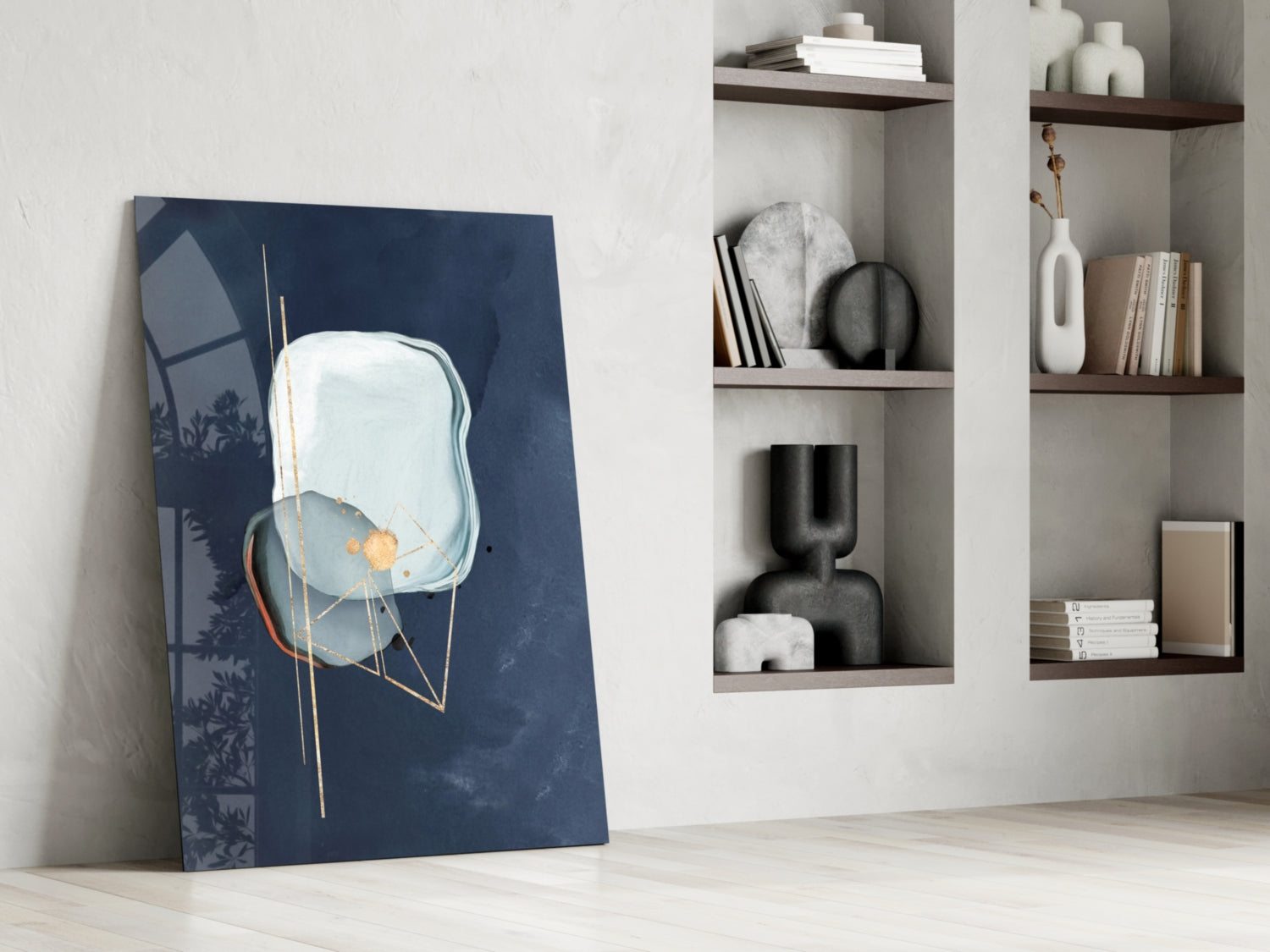 Gold Line Geometry On Navy Blue Glass Wall Art