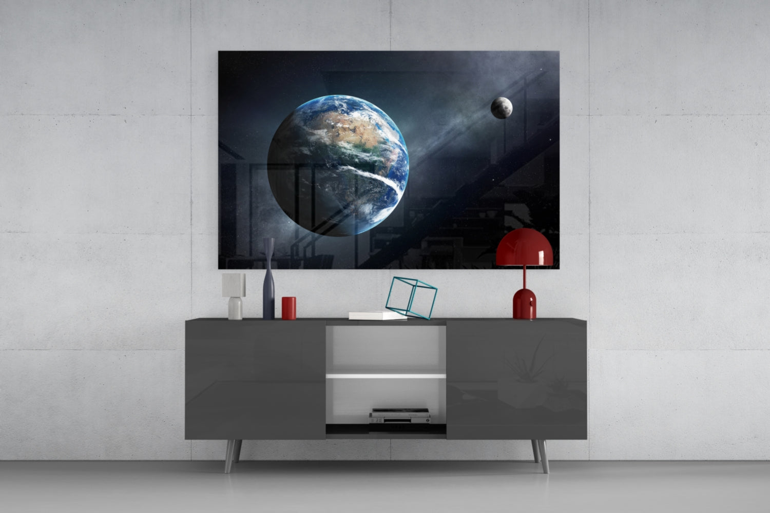 Earth and Moon in Deep Space Glass Wall Art