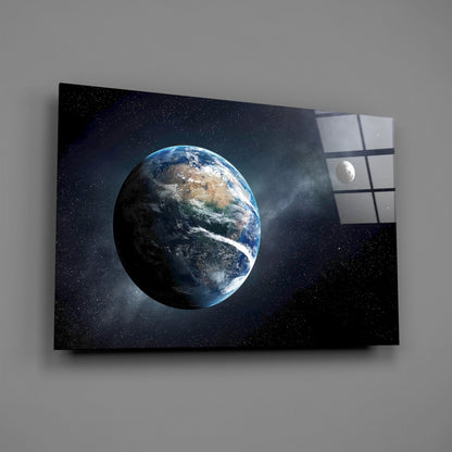 Earth and Moon in Deep Space Glass Wall Art