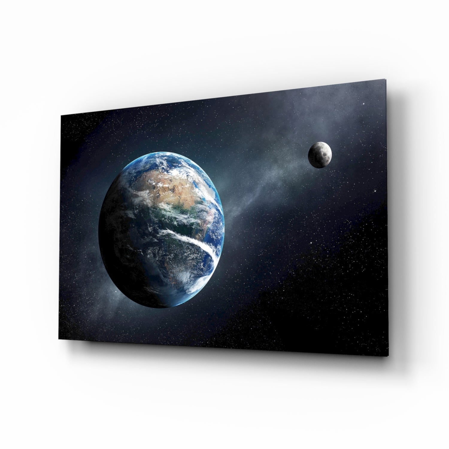 Earth and Moon in Deep Space Glass Wall Art