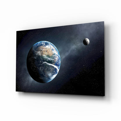 Earth and Moon in Deep Space Glass Wall Art