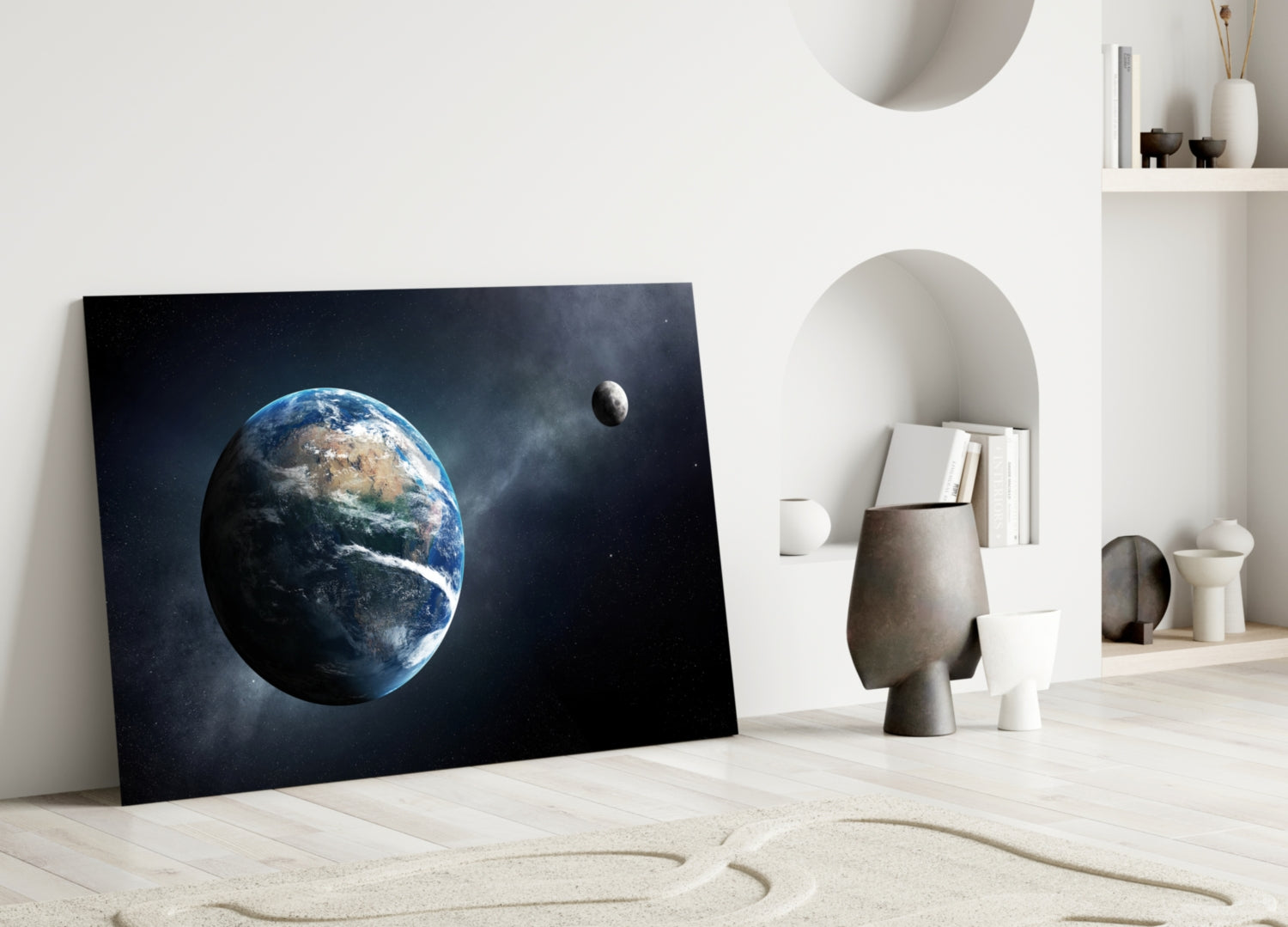 Earth and Moon in Deep Space Glass Wall Art