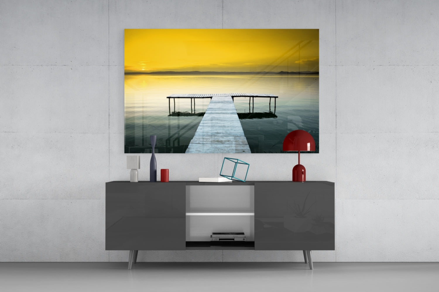 Golden Sunset Wooden Dock Glass Wall Art