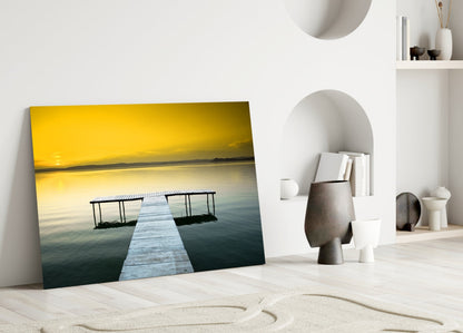 Golden Sunset Wooden Dock Glass Wall Art
