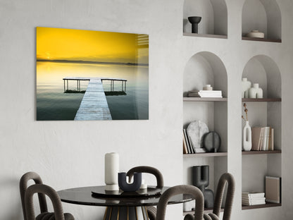 Golden Sunset Wooden Dock Glass Wall Art