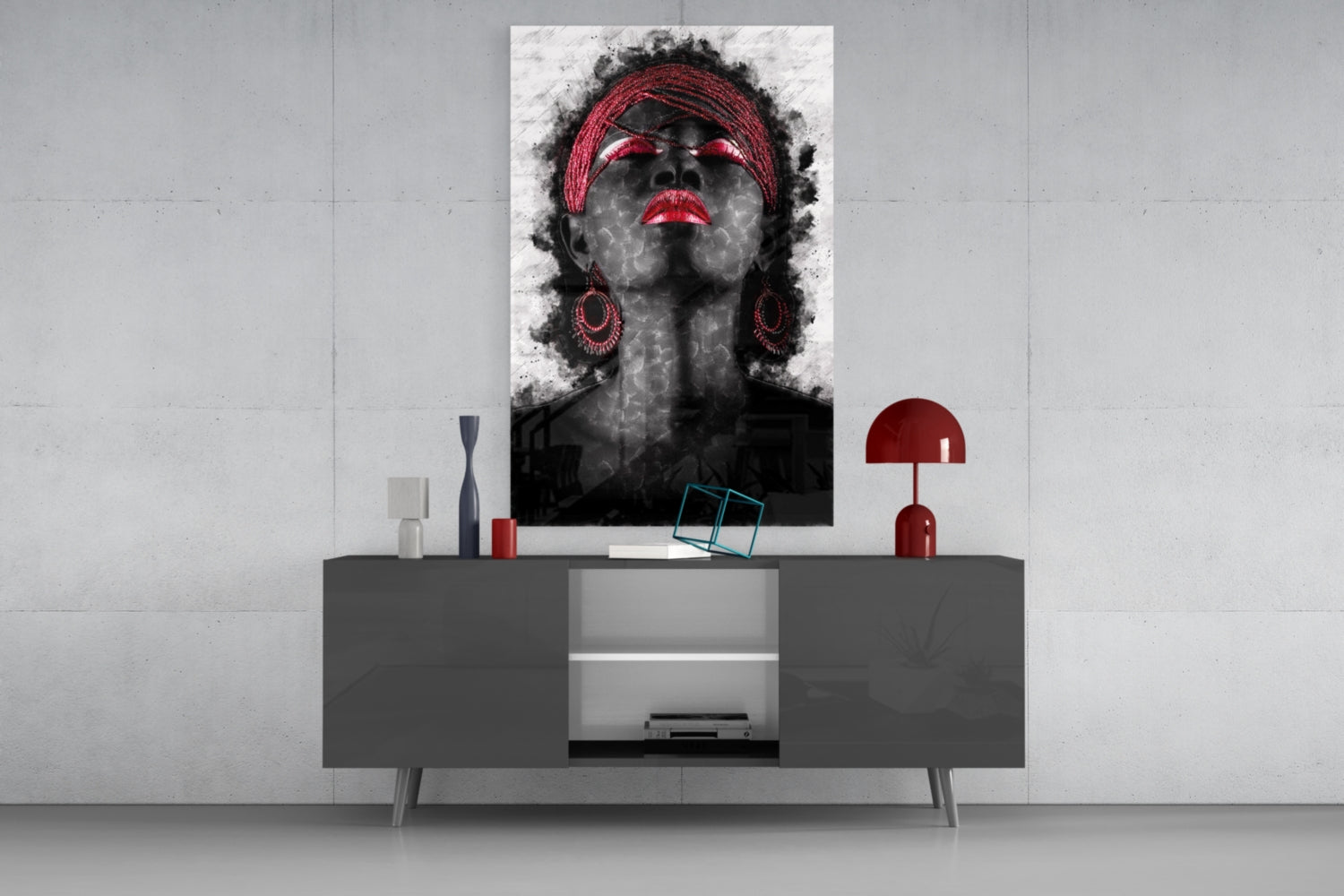 Red Headwrap Woman Ink Splatter Glass Wall Art