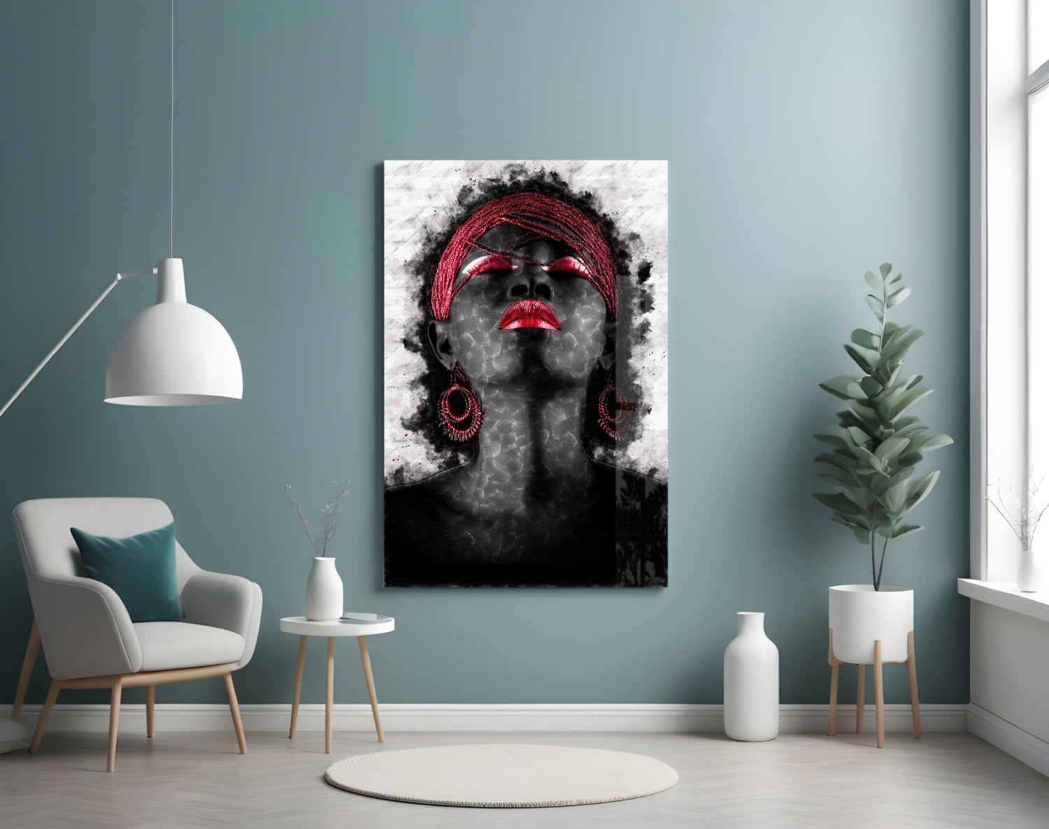 Red Headwrap Woman Ink Splatter Glass Wall Art