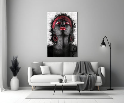 Red Headwrap Woman Ink Splatter Glass Wall Art