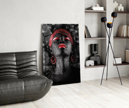 Red Lips Woman Dark Smoke Portrait Glass Wall Art