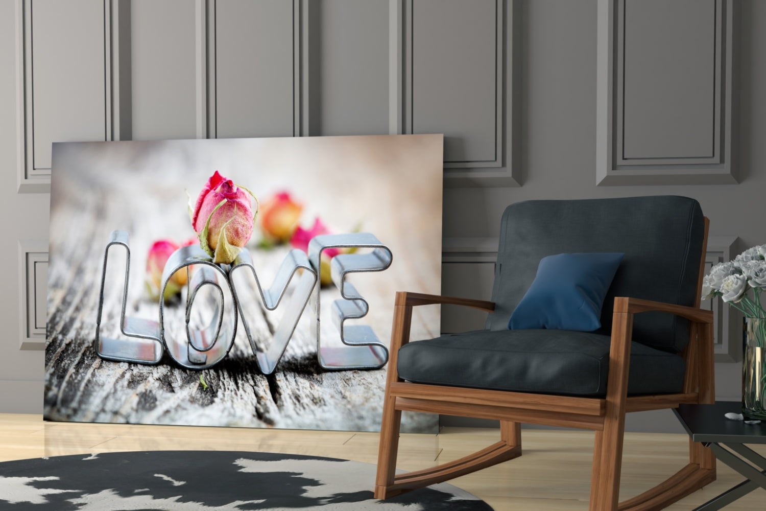 Chrome Love Letters With Rosebud Glass Wall Art