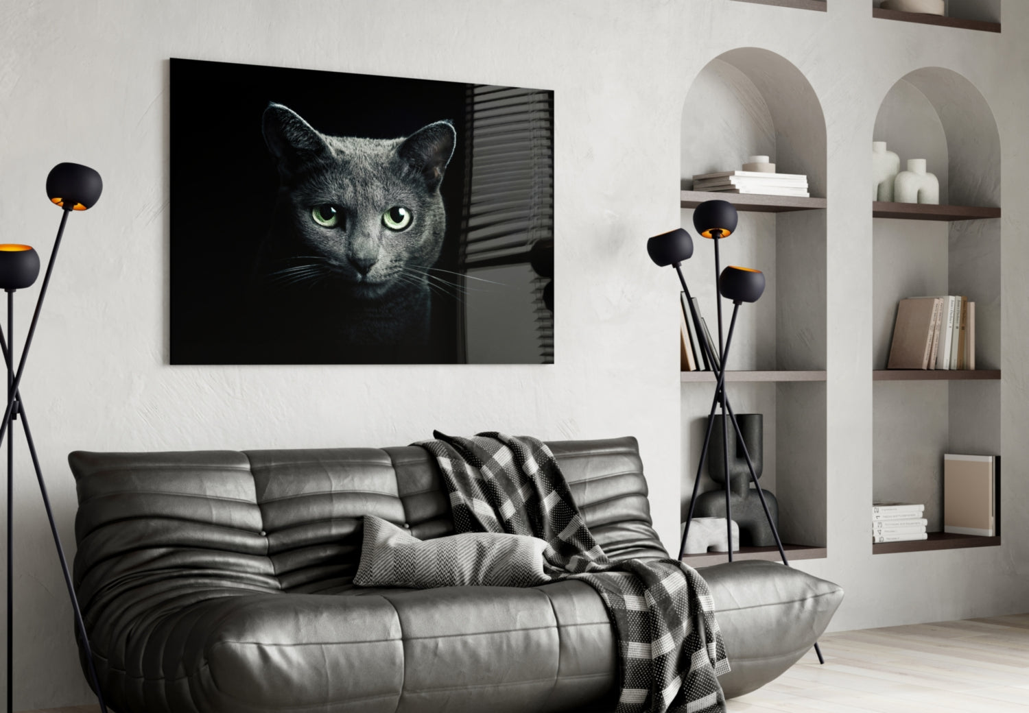 Green Eyed Blue Cat Dark Glass Wall Art