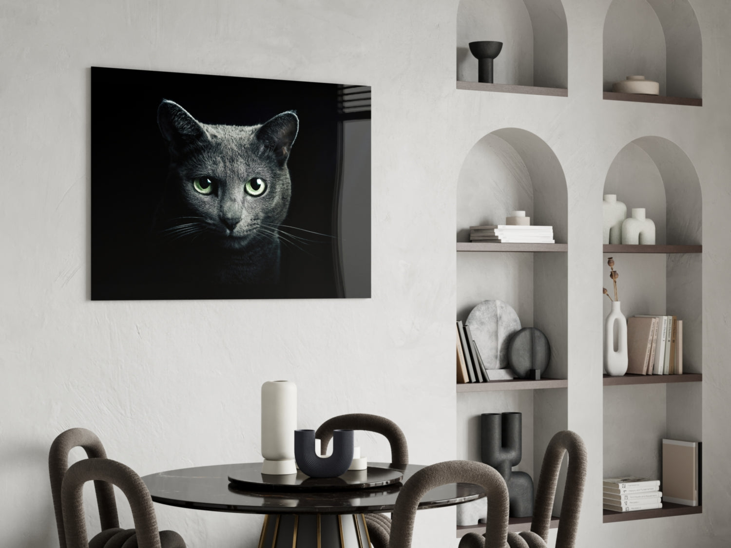Green Eyed Blue Cat Dark Glass Wall Art