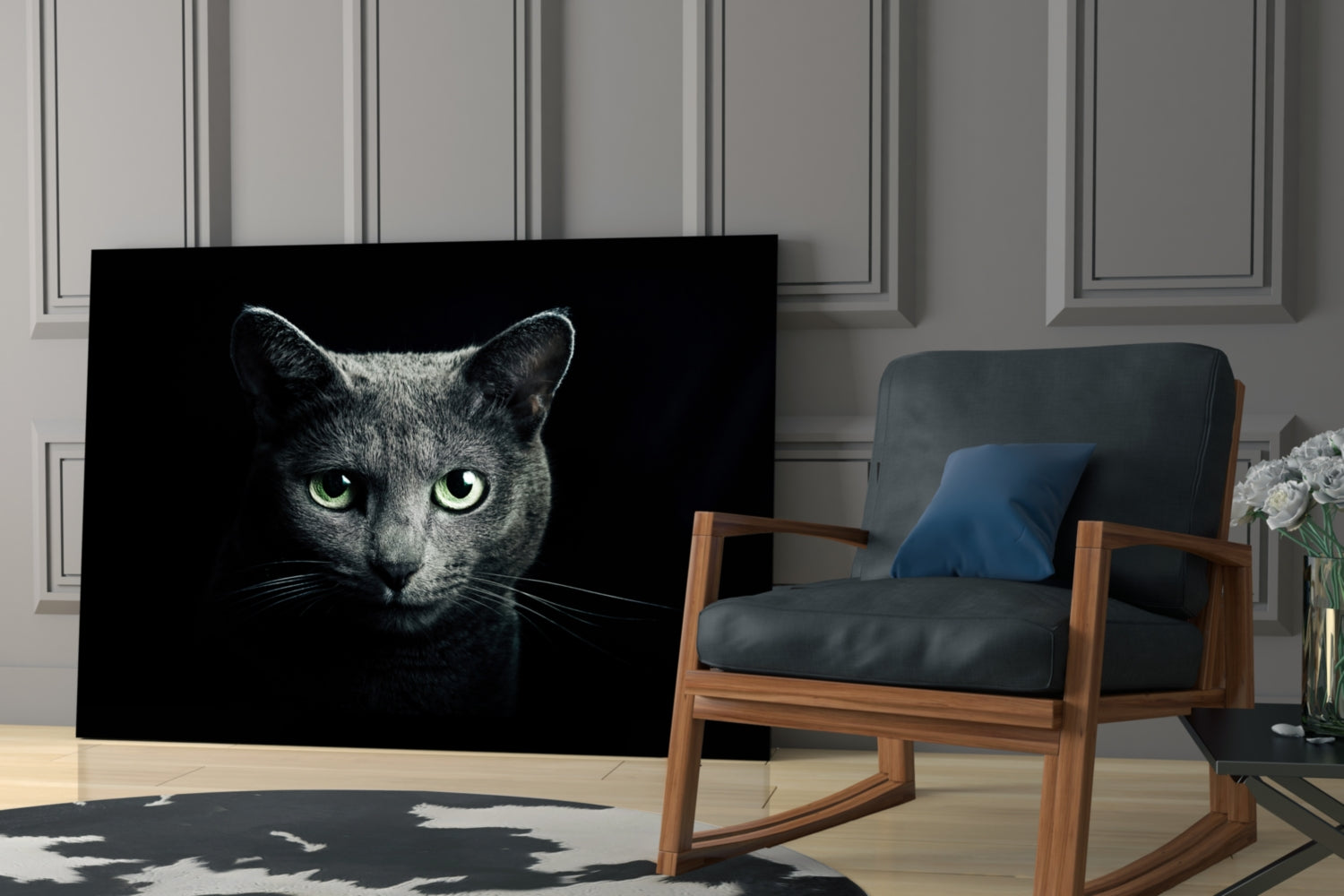 Green Eyed Blue Cat Dark Glass Wall Art