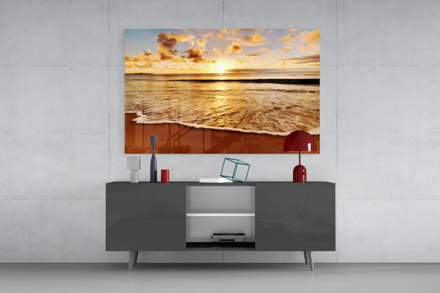 Golden Foam Beach Sunset Glass Wall Art